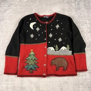 Northern Isles Sweater Womens Large Black Wool Cardigan Winter Christmas Nature